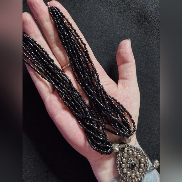 Black Beaded Necklace with Silver Pendant - Picture 6 of 9